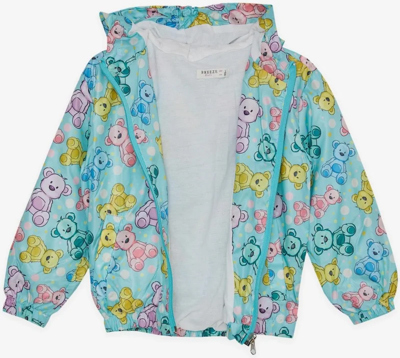 Breeze Girl's Raincoat with Cute Teddy Bear Pattern, Age 1-5, Water Green