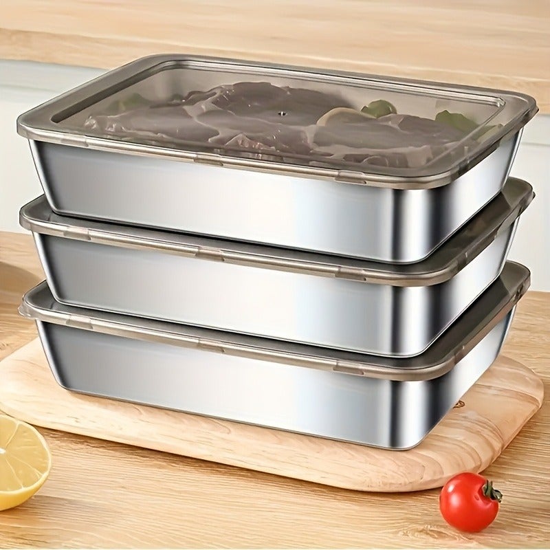 3pcs Stainless Steel Food Storage Containers Leak-Proof Reusable, Fruits Meats Veggies Easy Clean Stackable Kitchen Organizers Fridge Freezer Pantry Leftovers Pantry Dishwasher Safe Home Kitchen Organizer Dining Service Utensils and Tableware - Image 4