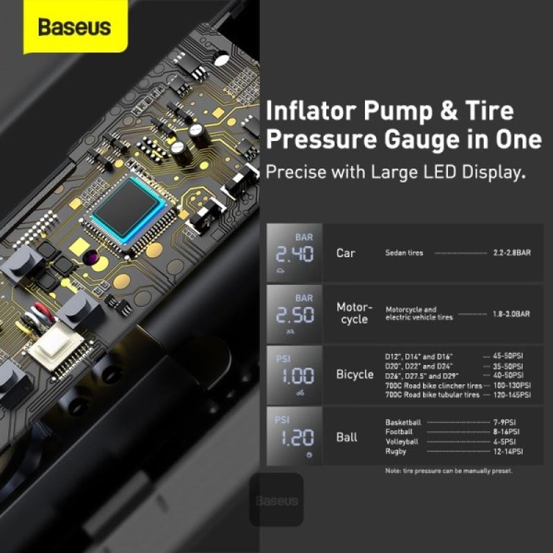 بيسوس مضخة هواء Baseus المحمولة للإطارات مع شاشة رقمية PSI وإضاءة LED وضاغط سيارة 12V – أسود - Image 3
