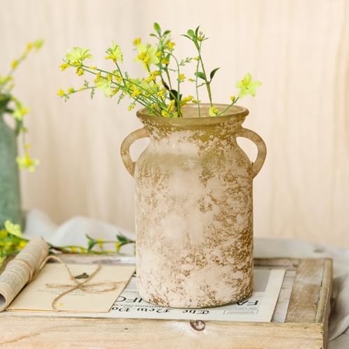 SHMILMH Glass Flower Vase with Handle- 8 Inches Rustic Imitation Ceramic Vase for Flowers, Vintage White Brown Centerpiece Decorations for Farmhouse, Modern Home, Table & Holiday Decorations - Image 1