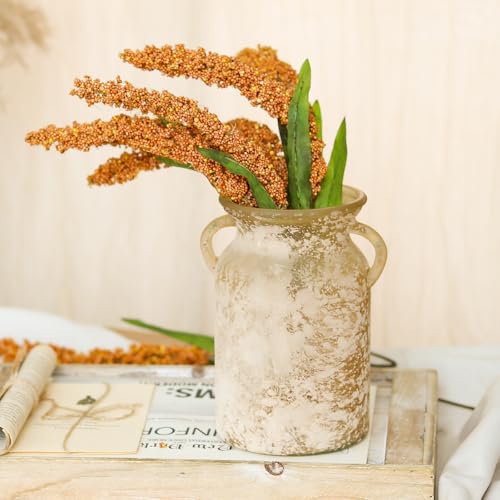 SHMILMH Glass Flower Vase with Handle- 8 Inches Rustic Imitation Ceramic Vase for Flowers, Vintage White Brown Centerpiece Decorations for Farmhouse, Modern Home, Table & Holiday Decorations - Image 4