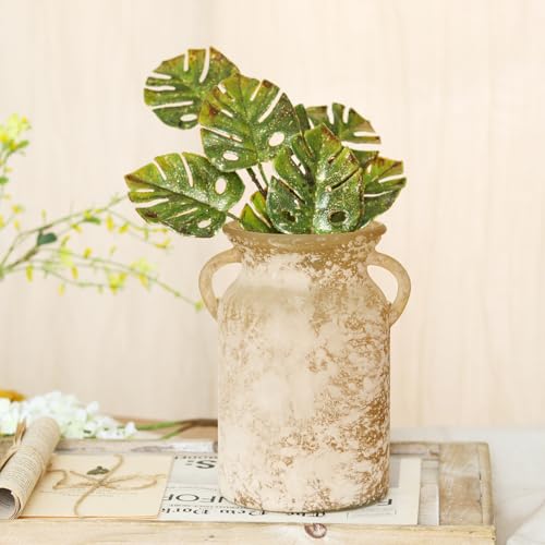 SHMILMH Glass Flower Vase with Handle- 8 Inches Rustic Imitation Ceramic Vase for Flowers, Vintage White Brown Centerpiece Decorations for Farmhouse, Modern Home, Table & Holiday Decorations - Image 2