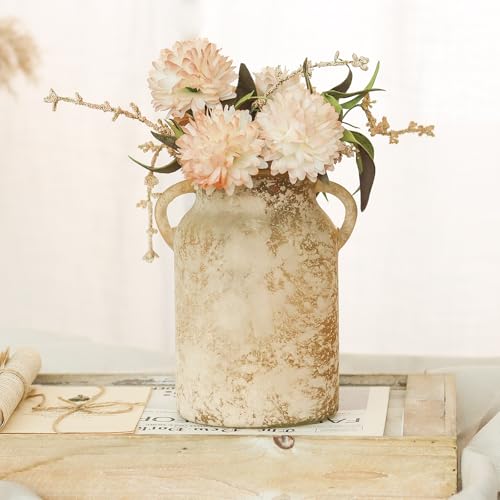 SHMILMH Glass Flower Vase with Handle- 8 Inches Rustic Imitation Ceramic Vase for Flowers, Vintage White Brown Centerpiece Decorations for Farmhouse, Modern Home, Table & Holiday Decorations - Image 3