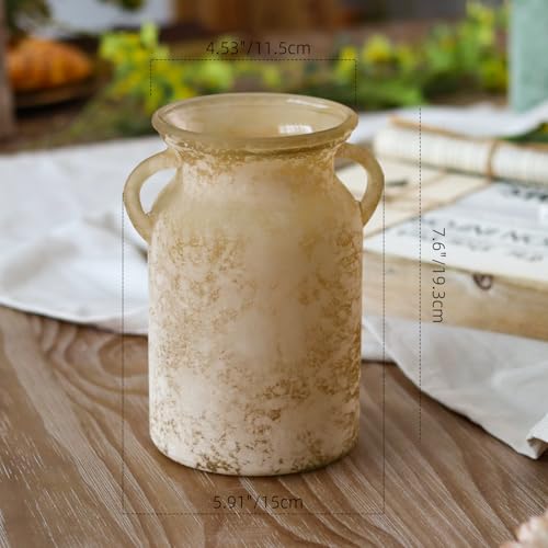 SHMILMH Glass Flower Vase with Handle- 8 Inches Rustic Imitation Ceramic Vase for Flowers, Vintage White Brown Centerpiece Decorations for Farmhouse, Modern Home, Table & Holiday Decorations - Image 5