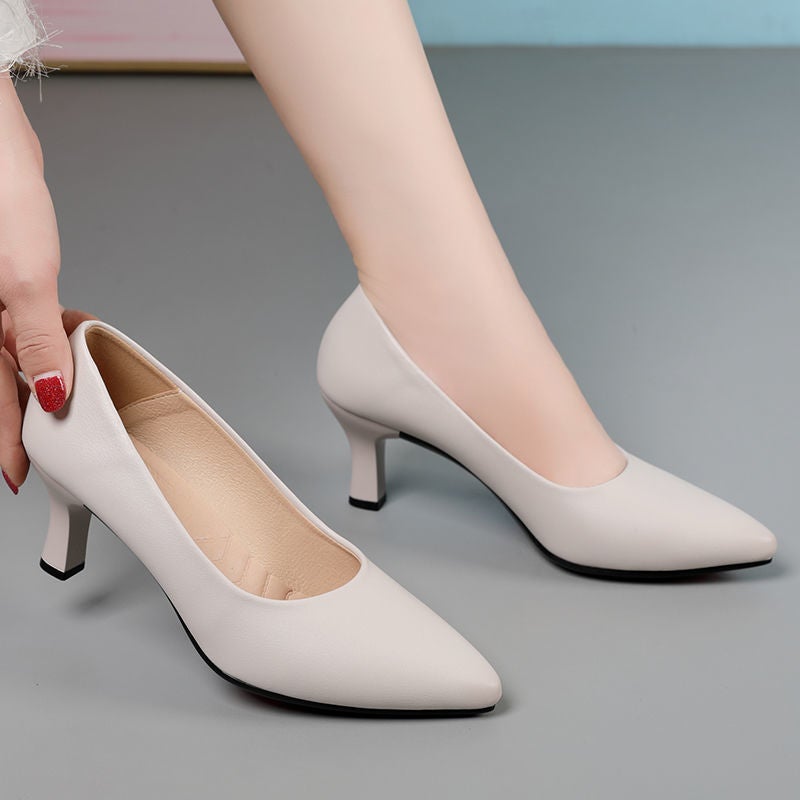 2024 Real Soft Leather Professional Shallow Mouth Temperament Comfortable Work Shoes Women'S 3-5Cm Middle Heel Chunky Leather Shoes - Image 4