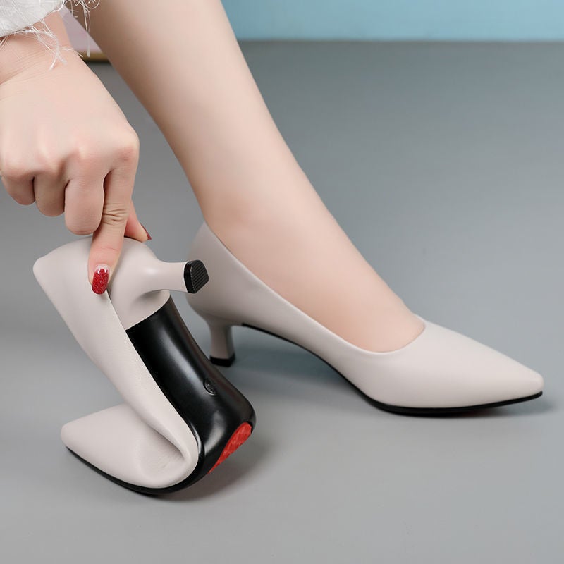 2024 Real Soft Leather Professional Shallow Mouth Temperament Comfortable Work Shoes Women'S 3-5Cm Middle Heel Chunky Leather Shoes - Image 5