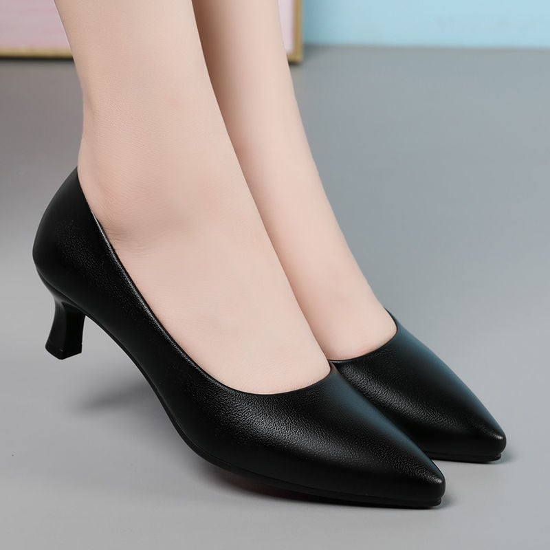 2024 Real Soft Leather Professional Shallow Mouth Temperament Comfortable Work Shoes Women'S 3-5Cm Middle Heel Chunky Leather Shoes - Image 3
