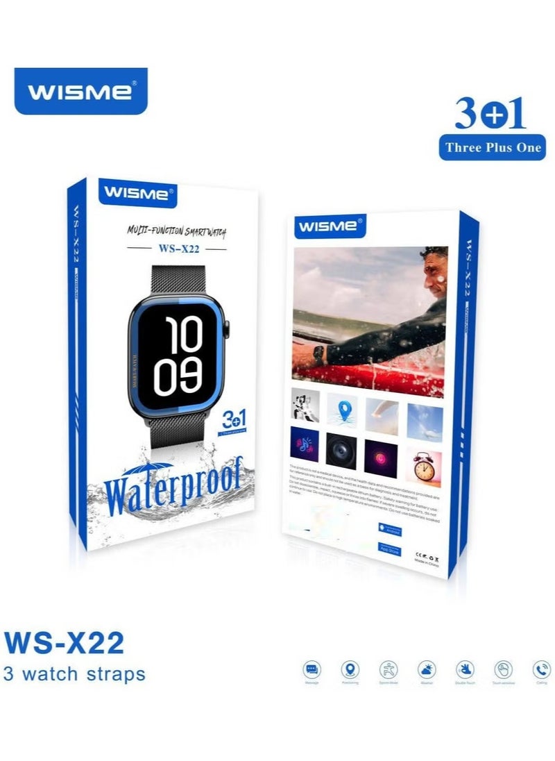 WISME - WS-X22 Waterproof Smartwatch with Full-Screen HD Display, Bluetooth Calling & Notifications, Advanced Fitness Tracking, Heart Rate & Sleep Monitoring, Sports & Activity Modes, Long Battery Life, and Three Interchangeable Straps – Black - Image 1