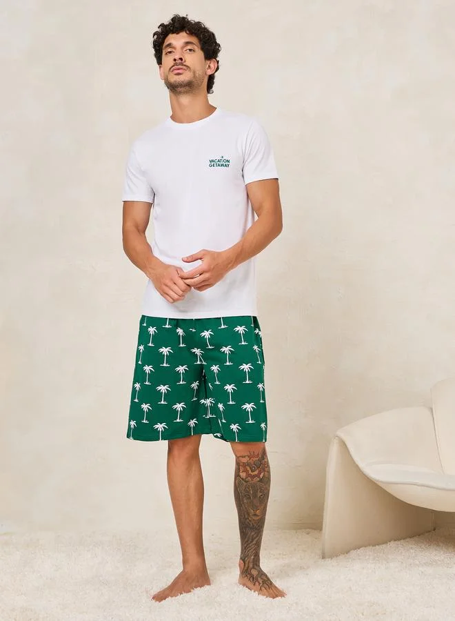 ستايلي Minimal Print T-Shirt & Tropical Print Shorts Set