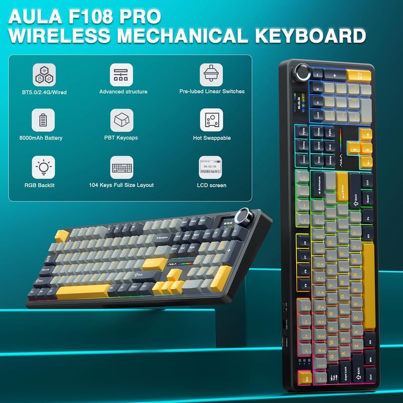 AULA F108 PRO - Wireless Mechanical Keyboard with Screen&Knob,Hot Swappable Gaming Keyboard with 8000mAh Battery,Pre-lubed Switches,RGB Backlit,PBT Keycaps Creamy Sounding Computer Keyboards,104 Keys - Image 2