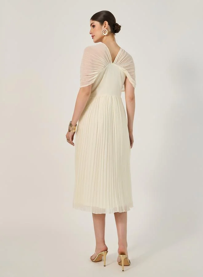Styli Pleated V-Neck A-Line Midi Dress