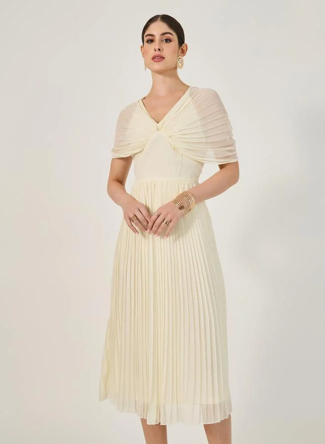 Styli Pleated V-Neck A-Line Midi Dress
