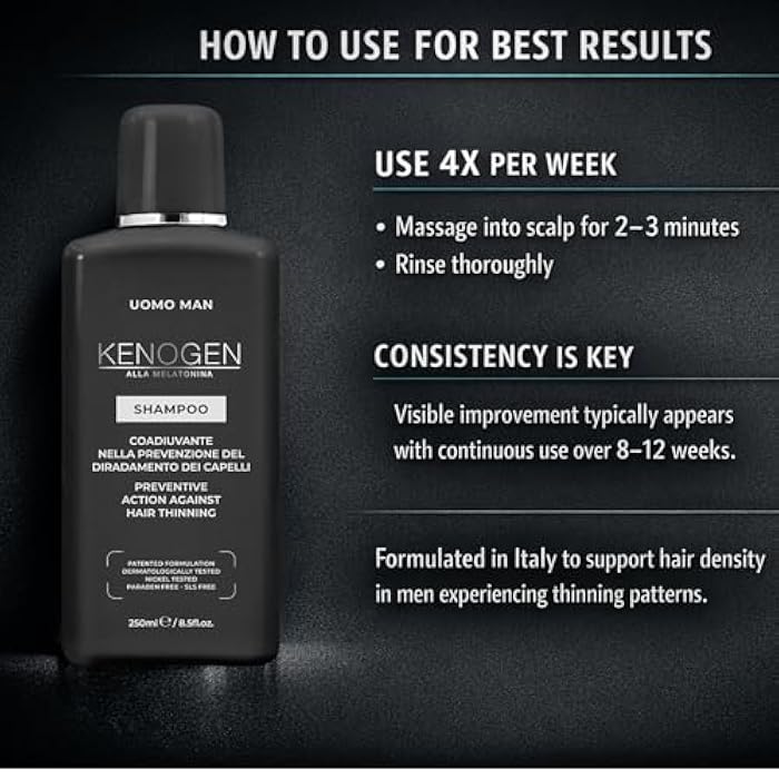 Kenogen Men’s Thinning Hair Shampoo – Helps Hair Look Thicker & Fuller – Melatonin + DHT Support – Made in Italy - Image 3