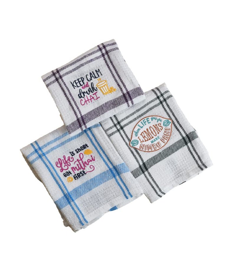 MaatirDesigns Maatir White Checks Embroidered Waffle Cotton Kitchen Towel Set 1 - Image 1
