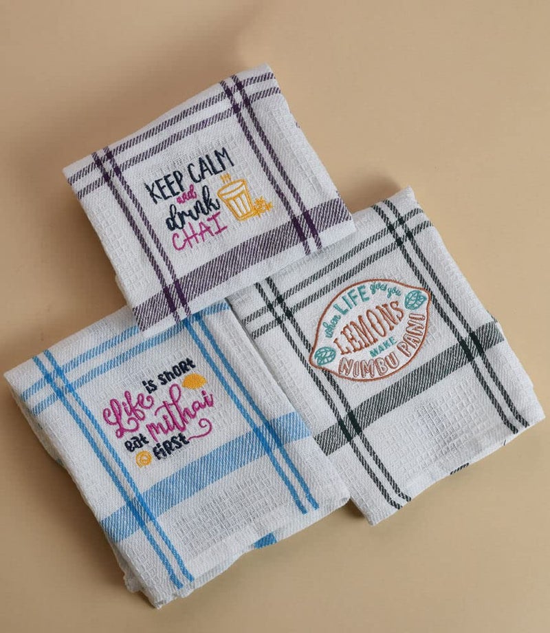 MaatirDesigns Maatir White Checks Embroidered Waffle Cotton Kitchen Towel Set 1 - Image 2