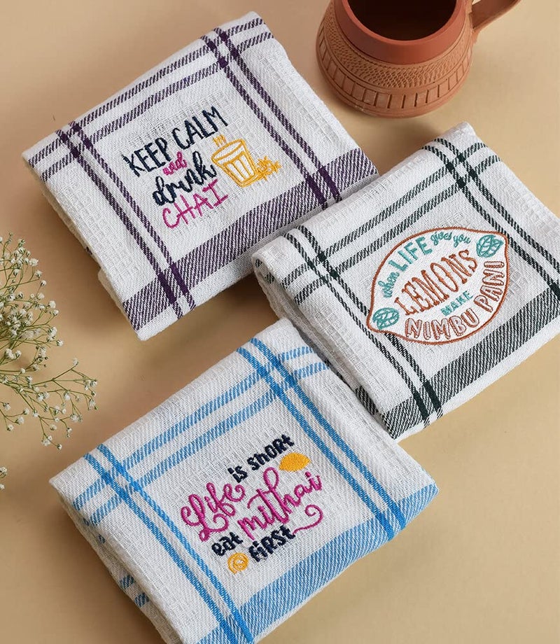 MaatirDesigns Maatir White Checks Embroidered Waffle Cotton Kitchen Towel Set 1 - Image 3