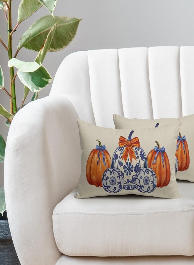 Smozenith Blue Orange Fall Pumpkin Chinoiserie Pillow Covers 12X20 Set of 2, Autumn Thanksgiving Print Decorative Throw Pillow Covers Outdoor Farmhouse Seasonal Cushion Cases Couch Sofa Bed Decor - Image 5