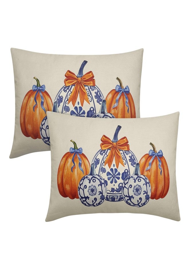 Smozenith Blue Orange Fall Pumpkin Chinoiserie Pillow Covers 12X20 Set of 2, Autumn Thanksgiving Print Decorative Throw Pillow Covers Outdoor Farmhouse Seasonal Cushion Cases Couch Sofa Bed Decor - Image 1