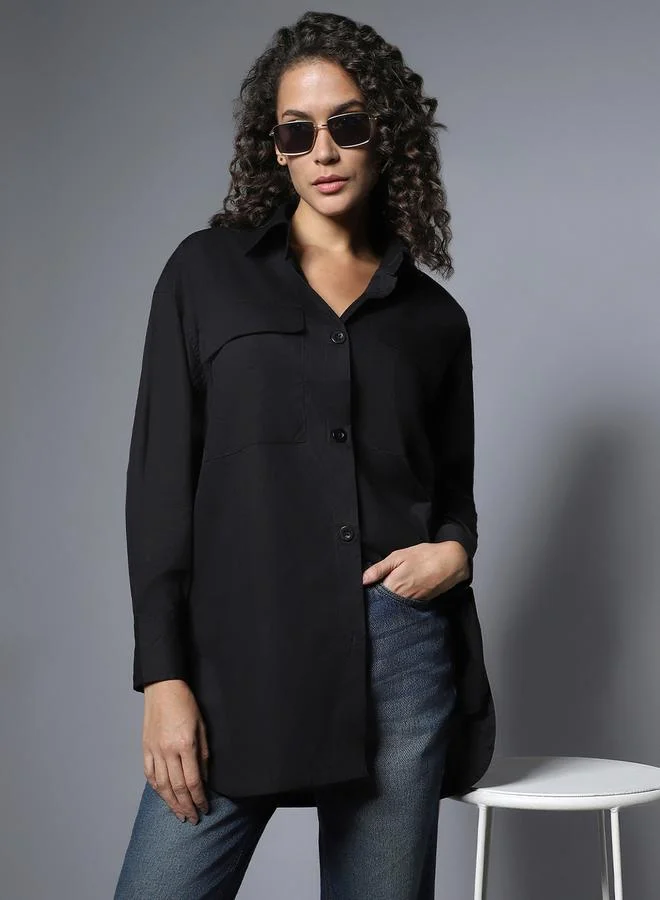 HIGH STAR Solid Pocket Detail Longline Regular Fit Shirt by Styli