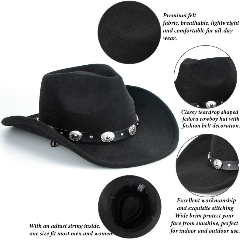 Mealah Women & Men Felt Western Cowboy Hat Classic Roll Up Brim Belt Buckle Cowgirl Fedora (M) - Image 3