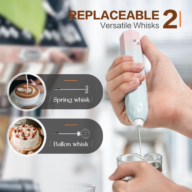 Laposso Milk Frother Rechargeable Handheld Electric Whisk Coffee Frother Mixer with 2 Stainless whisks 3 Speed Adjustable Foam Maker Blender for Coffee Matcha Latte Cappuccino Hot Chocolate (BluePink) - Image 3