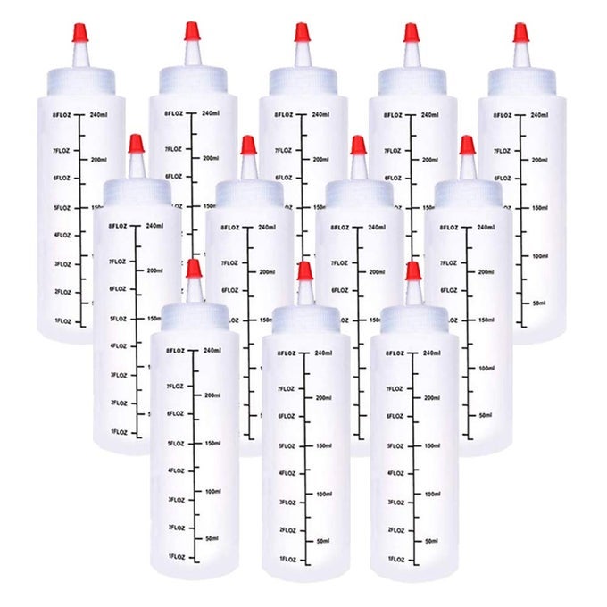 12 PACK 8 OZ240 ML PLASTIC SQUEEZE BOTTLES SCALE SQUIRT BOTTLE WITH RED TIP CAP AND BLACK SCALE FOR KETCHUP SAUCES SYRUP DRESSINGS BBQ CRAFTS AND MORE