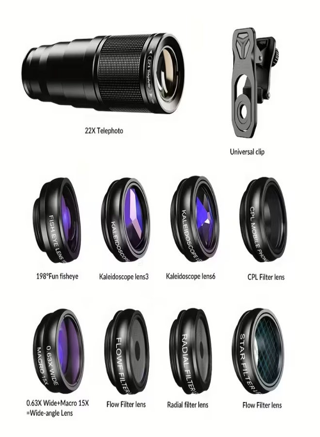 آبيكسل مجموعة عدسات التصوير 10 في 1 من APEXEL للهواتف الذكية – تليسكوب 22X، عين سمكة 198°، عدسة وايد 0.63X + ماكرو 15X، عدسات كاليادوسكوب، فلاتر النجوم والحركة، مشبك عالمي - Image 2