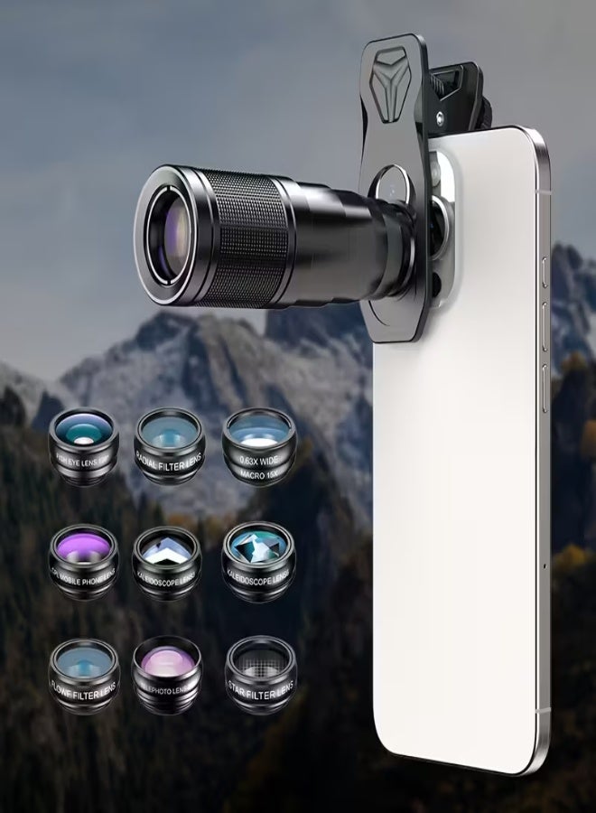 آبيكسل مجموعة عدسات التصوير 10 في 1 من APEXEL للهواتف الذكية – تليسكوب 22X، عين سمكة 198°، عدسة وايد 0.63X + ماكرو 15X، عدسات كاليادوسكوب، فلاتر النجوم والحركة، مشبك عالمي - Image 1