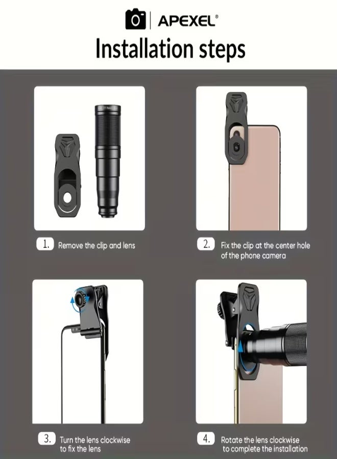 آبيكسل مجموعة عدسات التصوير 10 في 1 من APEXEL للهواتف الذكية – تليسكوب 22X، عين سمكة 198°، عدسة وايد 0.63X + ماكرو 15X، عدسات كاليادوسكوب، فلاتر النجوم والحركة، مشبك عالمي - Image 3