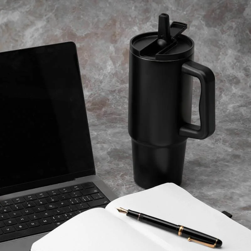 Hans Larsen black Hans Larsen Bern 2.0 Recycled Stainless Steel Tumbler with Leakproof Sip Straw Lid – 900 ml Cup-Holder Travel Mug, Ergonomic Handle, Keeps Drinks Cold 15 hrs / Hot 5 hrs - Black  | Best Price UAE