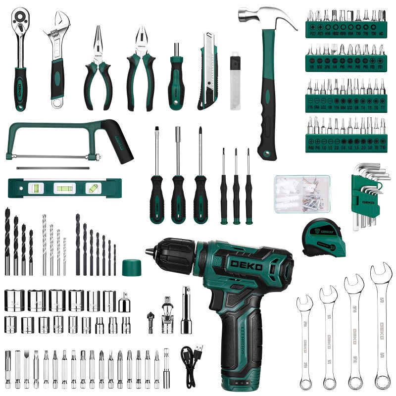DEKOPRO Tool Set: Tool Kit with 12V Cordless Drill, Hand Toolbox with storage case, Mechanic Tool set for Home Repairs, Green - Image 4