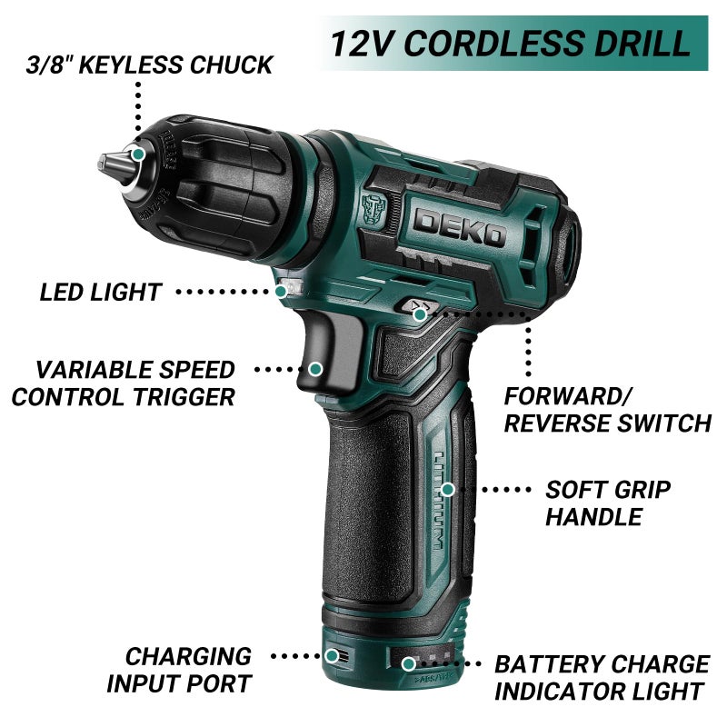 DEKOPRO Tool Set: Tool Kit with 12V Cordless Drill, Hand Toolbox with storage case, Mechanic Tool set for Home Repairs, Green - Image 5