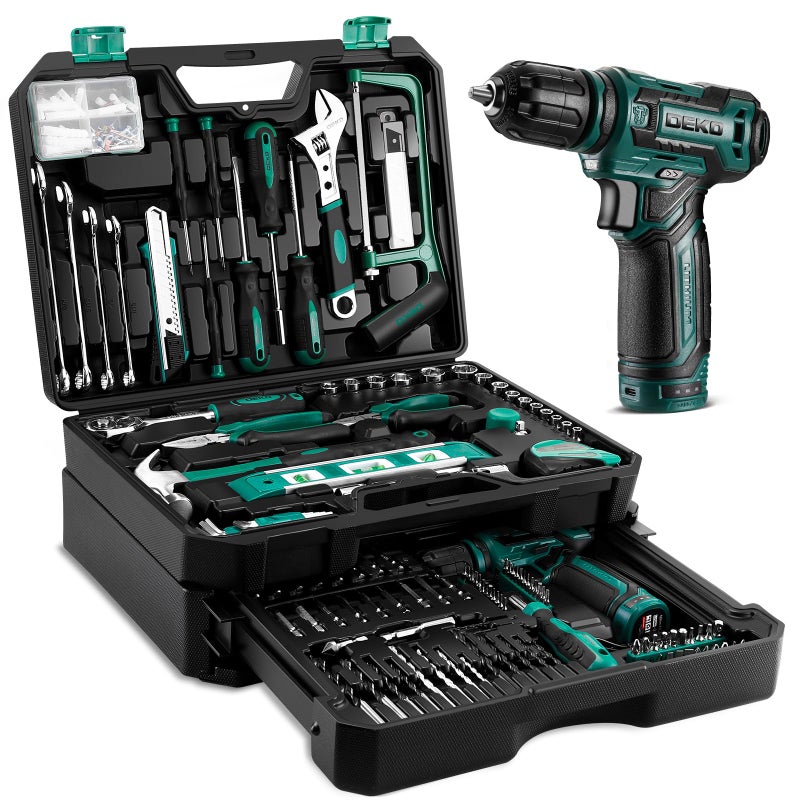 DEKOPRO Tool Set: Tool Kit with 12V Cordless Drill, Hand Toolbox with storage case, Mechanic Tool set for Home Repairs, Green - Image 1
