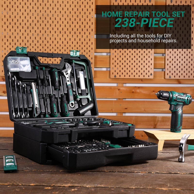 DEKOPRO Tool Set: Tool Kit with 12V Cordless Drill, Hand Toolbox with storage case, Mechanic Tool set for Home Repairs, Green - Image 2