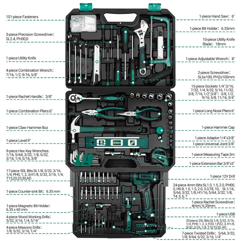 DEKOPRO Tool Set: Tool Kit with 12V Cordless Drill, Hand Toolbox with storage case, Mechanic Tool set for Home Repairs, Green - Image 3