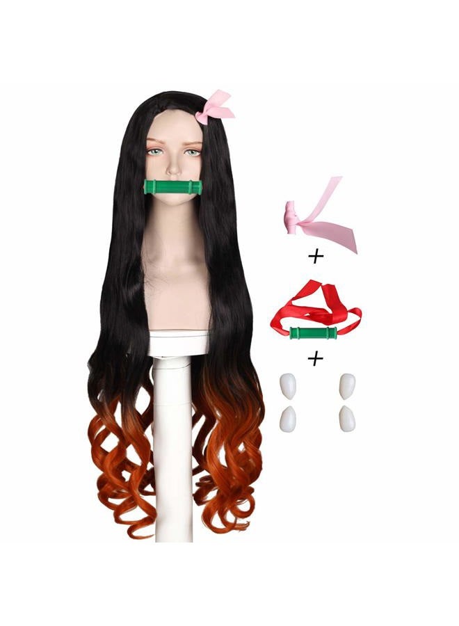 FantaLook Long Wavy Wig with Bamboo Ribbon Fangs for Women (Black and Orange) - Image 1