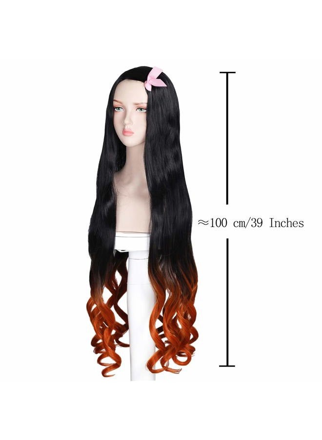 FantaLook Long Wavy Wig with Bamboo Ribbon Fangs for Women (Black and Orange) - Image 3