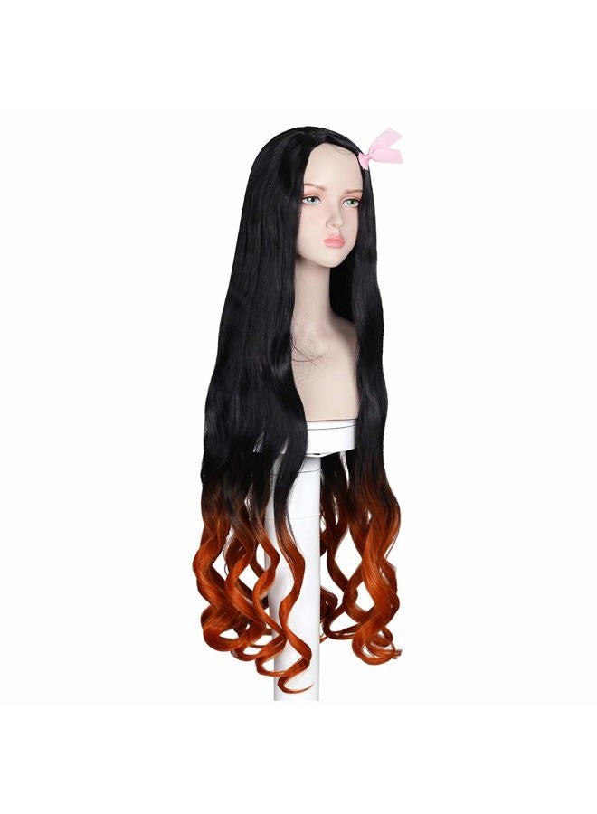 FantaLook Long Wavy Wig with Bamboo Ribbon Fangs for Women (Black and Orange) - Image 5