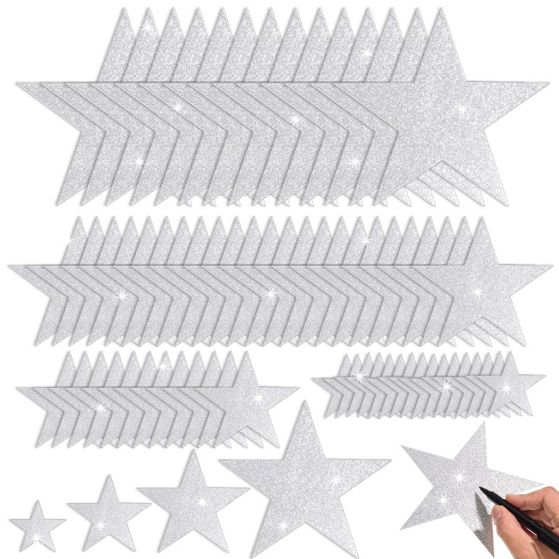 180 Pcs Silver Glitter Star Cutout Paper Five Stars Cutouts Silver Glitter Stars Decorations Star Cutouts for Bulletin Board Classroom Christmas Party Wall Decoration Supply4 Sizes