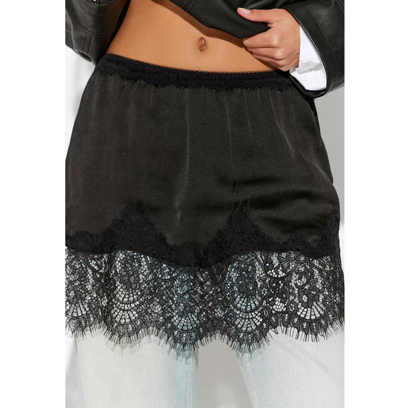 KOSUSANILL Women Satin Silk Mini Skirt with Lace Trim Low Rise A Line Lace Half Silp Skirt for Layering Y2K Flowy Underskirts (Black, L) - Image 4