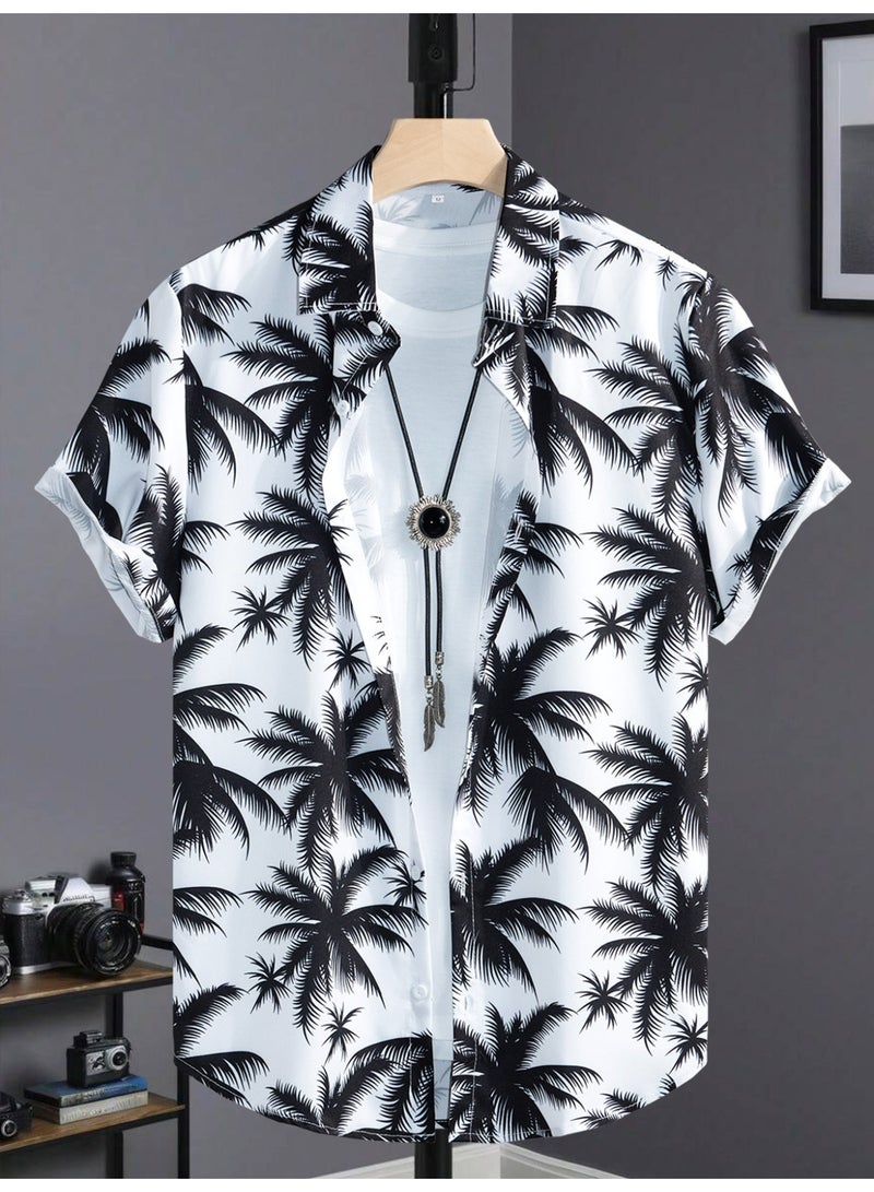 payanwin Men's Hawaiian Shirt Short Sleeve Button Down, White Black Palm Tree Print Beach Shirt, Casual Summer Vacation Resort Party Top for Men - Image 2