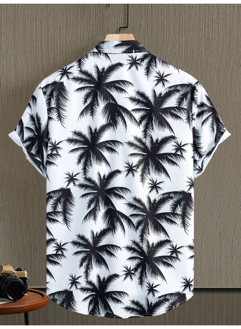 payanwin Men's Hawaiian Shirt Short Sleeve Button Down, White Black Palm Tree Print Beach Shirt, Casual Summer Vacation Resort Party Top for Men - Image 3