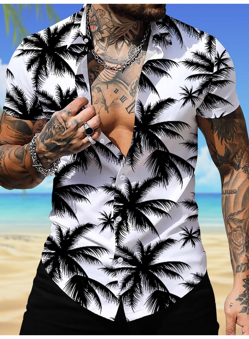 payanwin Men's Hawaiian Shirt Short Sleeve Button Down, White Black Palm Tree Print Beach Shirt, Casual Summer Vacation Resort Party Top for Men - Image 1