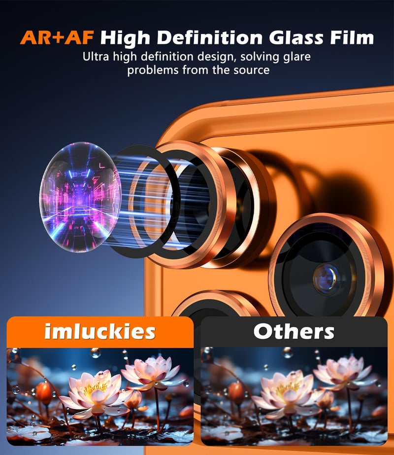 imluckies Camera Lens Protector for iPhone 17 Pro/iPhone 17 Pro Max, AR+AF Tempered Glass & 9H Hardness Shatterproof, HD Clear Metal Lens Cover with Installation Tray 2025, Orange - Image 2