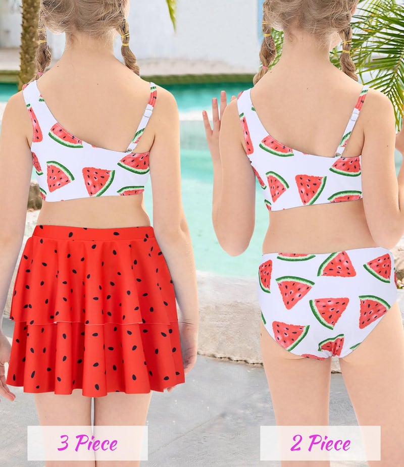 RAISEVERN Little Girls Bathing Suit 9-10 Years Old 3 Piece Swimsuit Adjustable Spaghetti Strap Watermelon Bikini Sets with Ruffle Cover Ups Beach Skirt Cute Quick Dry Tankini Summer Swimwear - Image 3