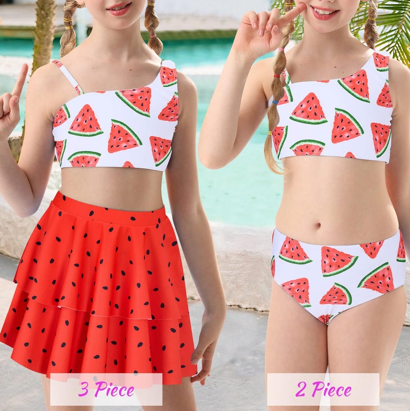 RAISEVERN Little Girls Bathing Suit 9-10 Years Old 3 Piece Swimsuit Adjustable Spaghetti Strap Watermelon Bikini Sets with Ruffle Cover Ups Beach Skirt Cute Quick Dry Tankini Summer Swimwear - Image 2