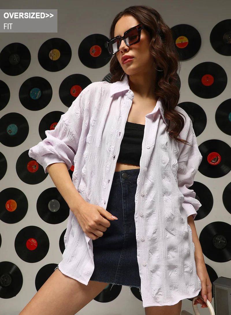 Campus Sutra Campus Sutra Women's Lilac Check-Textured Oversized Shirt For Casual Wear | Spread Collar | Long Sleeves | Button Closure | Oversized Shirt Crafted With Comfort Fit For Everyday Wear