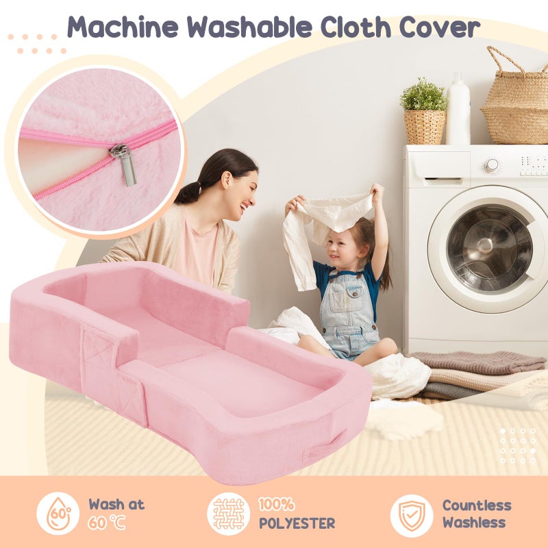 whiffee Toddler Travel Bed, 2-in-1 Foldable Portable Toddler Bed Sofa Chair, Soft Baby Kids Travel Floor Cot with Washable Covers Safety Foam Raised Bumper for Camping Hotel Sleeping (Pink) - Image 4
