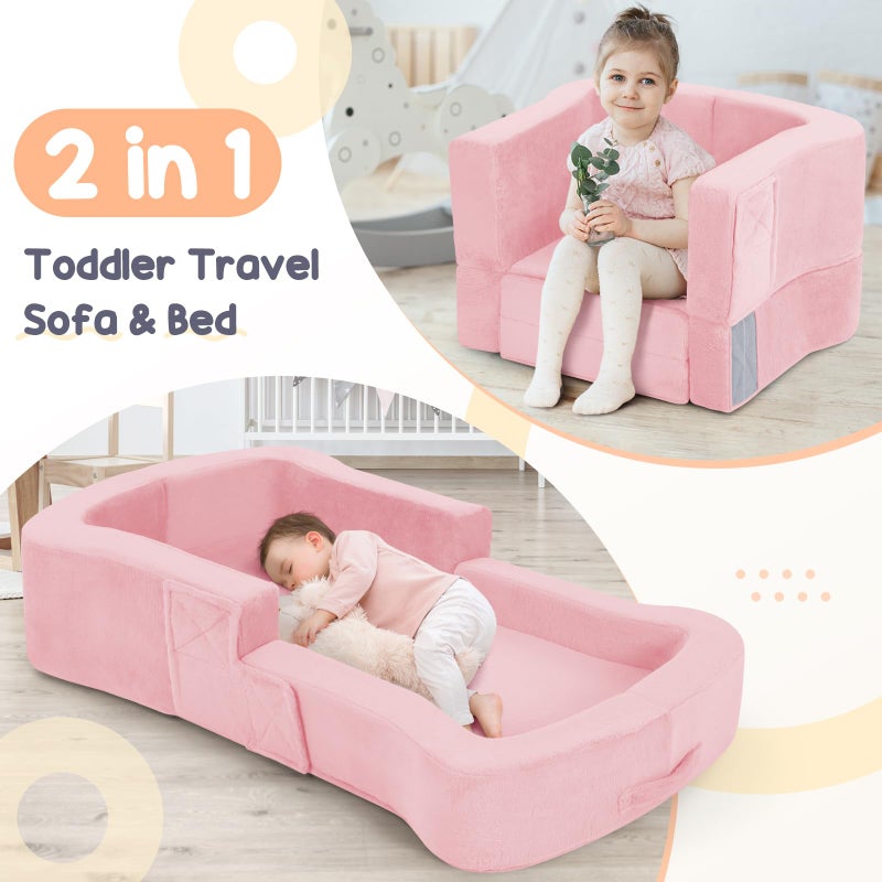 whiffee Toddler Travel Bed, 2-in-1 Foldable Portable Toddler Bed Sofa Chair, Soft Baby Kids Travel Floor Cot with Washable Covers Safety Foam Raised Bumper for Camping Hotel Sleeping (Pink) - Image 2