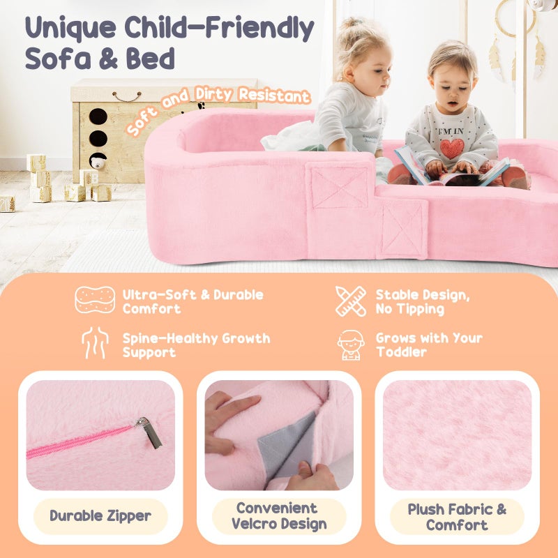 whiffee Toddler Travel Bed, 2-in-1 Foldable Portable Toddler Bed Sofa Chair, Soft Baby Kids Travel Floor Cot with Washable Covers Safety Foam Raised Bumper for Camping Hotel Sleeping (Pink) - Image 3